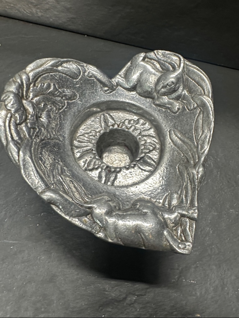 Arthur Court Bunny Rabbit Floral Heart-Shaped Aluminum Candle Holder 1990 -4